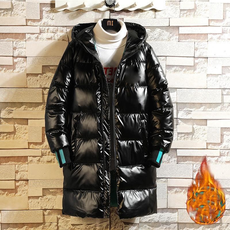 Outdoor Warm Over-the-knee Shiny Down Jacket Coat Windproof Fashion Top Men's Autumn and Winter Long Hooded Down Jacket L black