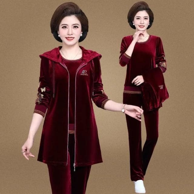 Mom's Velvet Tracksuit Women Embroidered Plus Size 3 Piece Outfit Casual Zip Up Hooded Waistcoat + T-Shirt + Pants Set Sweatsuit 4XL wine red