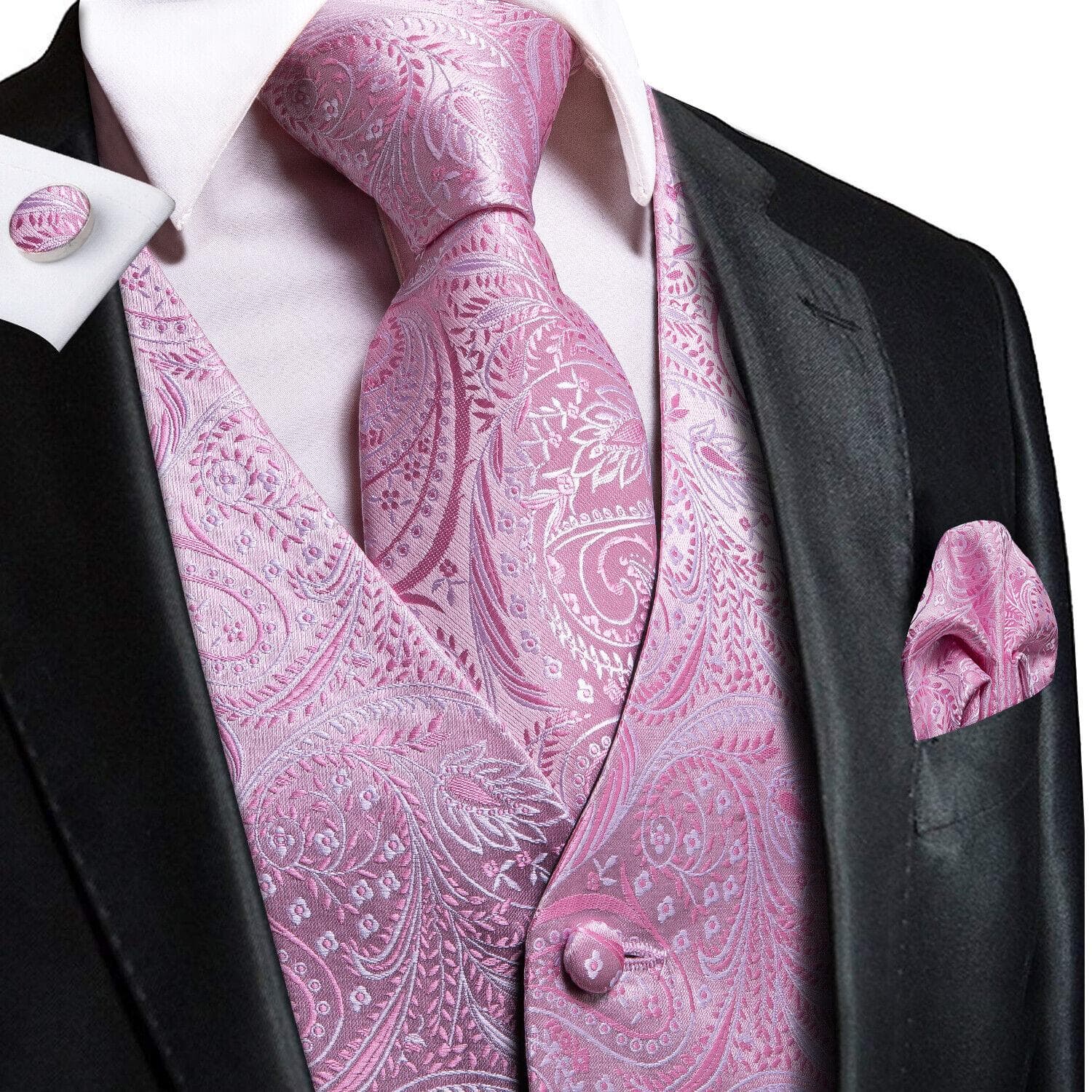 Hi-Tie Mens Waistcoat Silk Paisley Floral Tie Handkerchief Cufflinks SET Formal M
