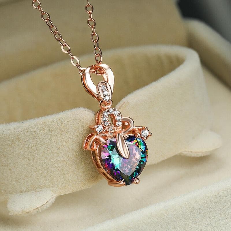 Rose Gold Color Heart Cut Multicolor Stone Necklaces Pendant Valentine's Gift