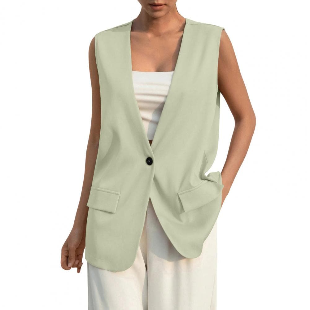 Women Vest Sleeveless Single Button Western Style Slim Fit Cardigan Suit Coat Pure Color Deep V Neck Formal Business Style Lady S light green