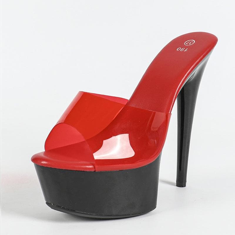 Liyke Sexy Black Red High Heels Platform Slippers For Women Party Stripper Shoes Peep Toe PVC Transparent Sandals Zapatos Mujer 35 red