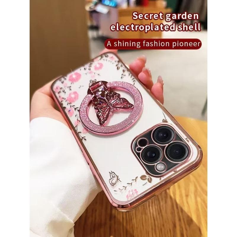 Applicable To Apple 16pro Secret Garden Mobile Phone Case Butterfly Glitter Powder Stand IPHONE15 Transparent Protective Case I14 iPhone11pro pink