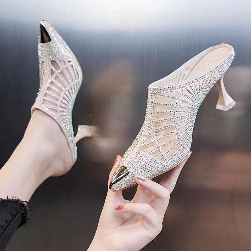 Plus Size Women's Summer Fashion Casual Mesh Fish Mouth Chunky Heel Semi-High Heeled Hollow Out Soft Bottom Shoes 41 beige