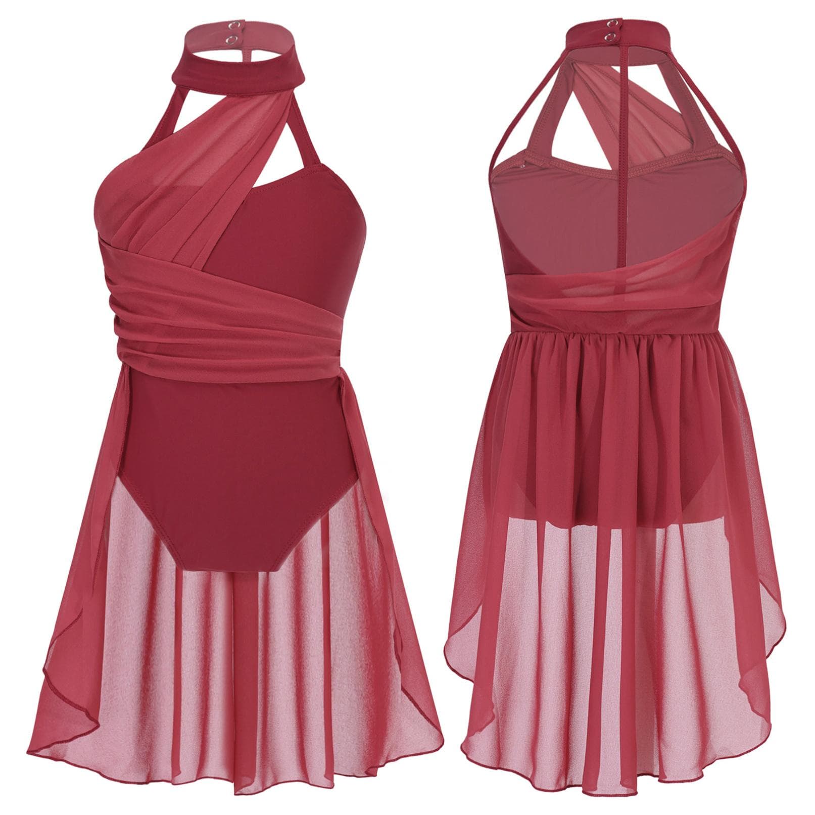 Kids Girls Lyrical Contemporary Modern Dance Costume Hater Ballet Leotard Dress Gymnastic Outfit 9-10 Years burgundy