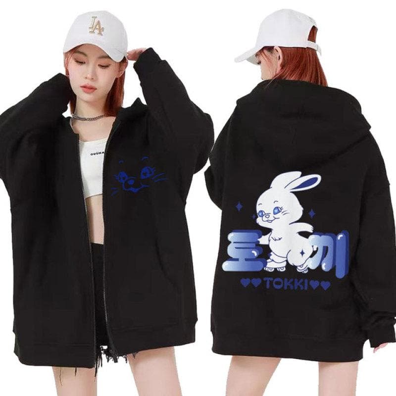 Korean NewJeans Bunny Kawaii Graphic Zip Up Hoodies Fashion Kpop Style Cute Hoodie Men Women's Casual Jackets Zipper Sweatshirts XXL