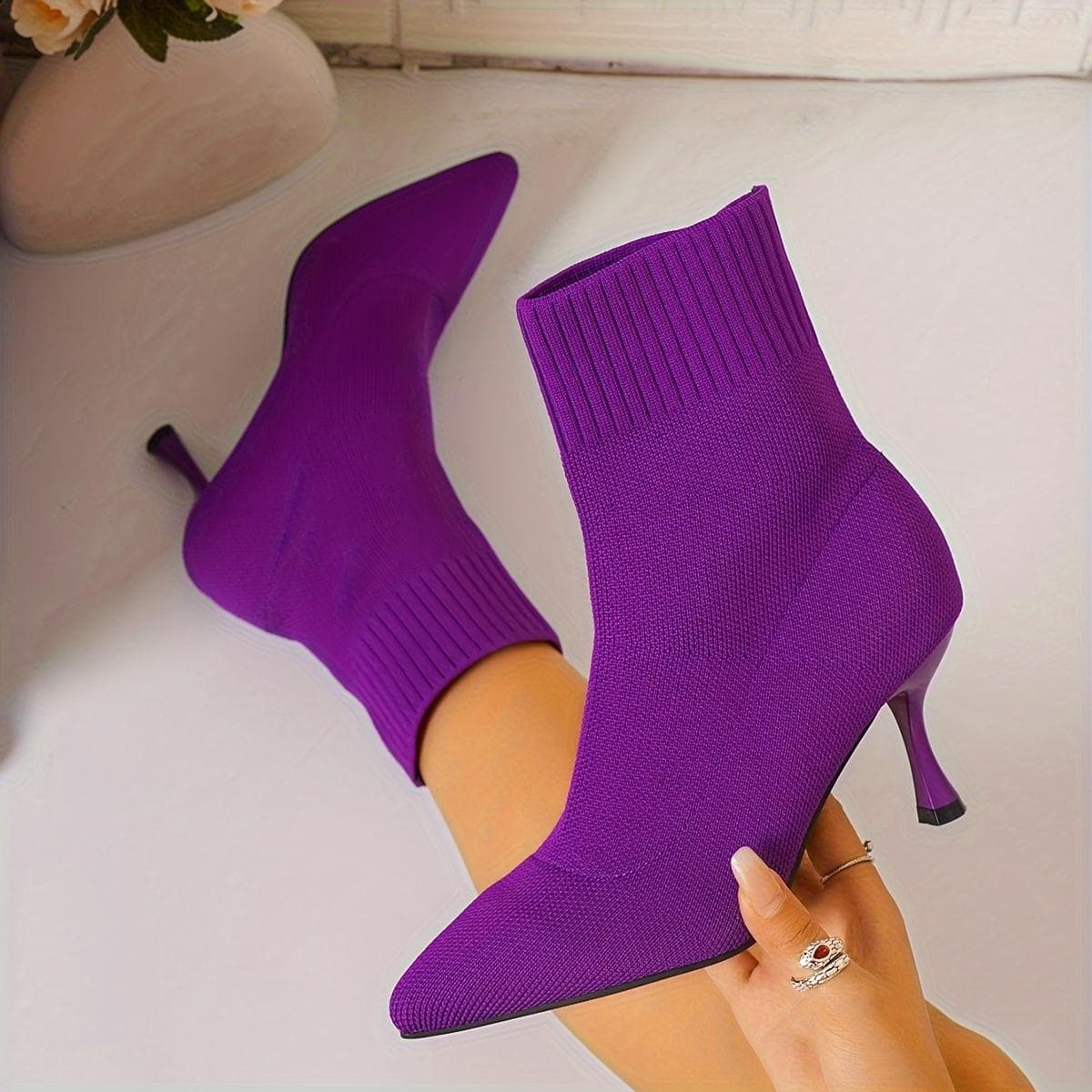 Elegant Solid Color Fabric Ankle Booties for Women - All-Season Slip-On Dress Boot with Pointed Toe, Stiletto Heel | Comfortable High-Heel Sock Boots 36 purple