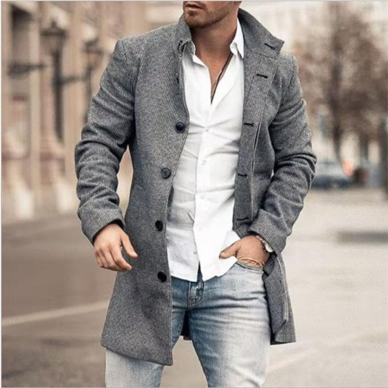 Autumn and Winter New Men's Woolen Stand-up Collar Medium and Long Pocket Casual Woolen Coat S