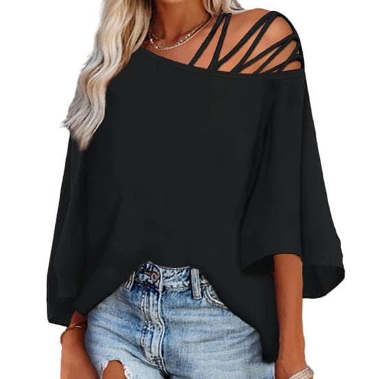 Women Top Hollow Out One Shoulder Oblique Neck Solid Color Letter Print Loose Three Quarter Sleeve Mid Length Soft Breathable Lady T-shirt 2XL black