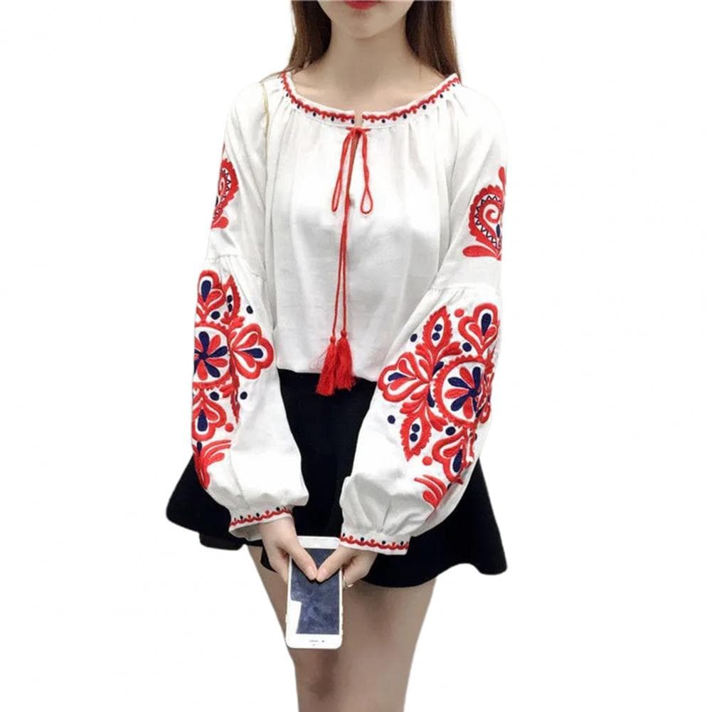 Summer Shirt Women Ethnic Style Embroidered Pattern Pullover Tops Round Neck Lantern Sleeve Loose Fit Blouse One Size white