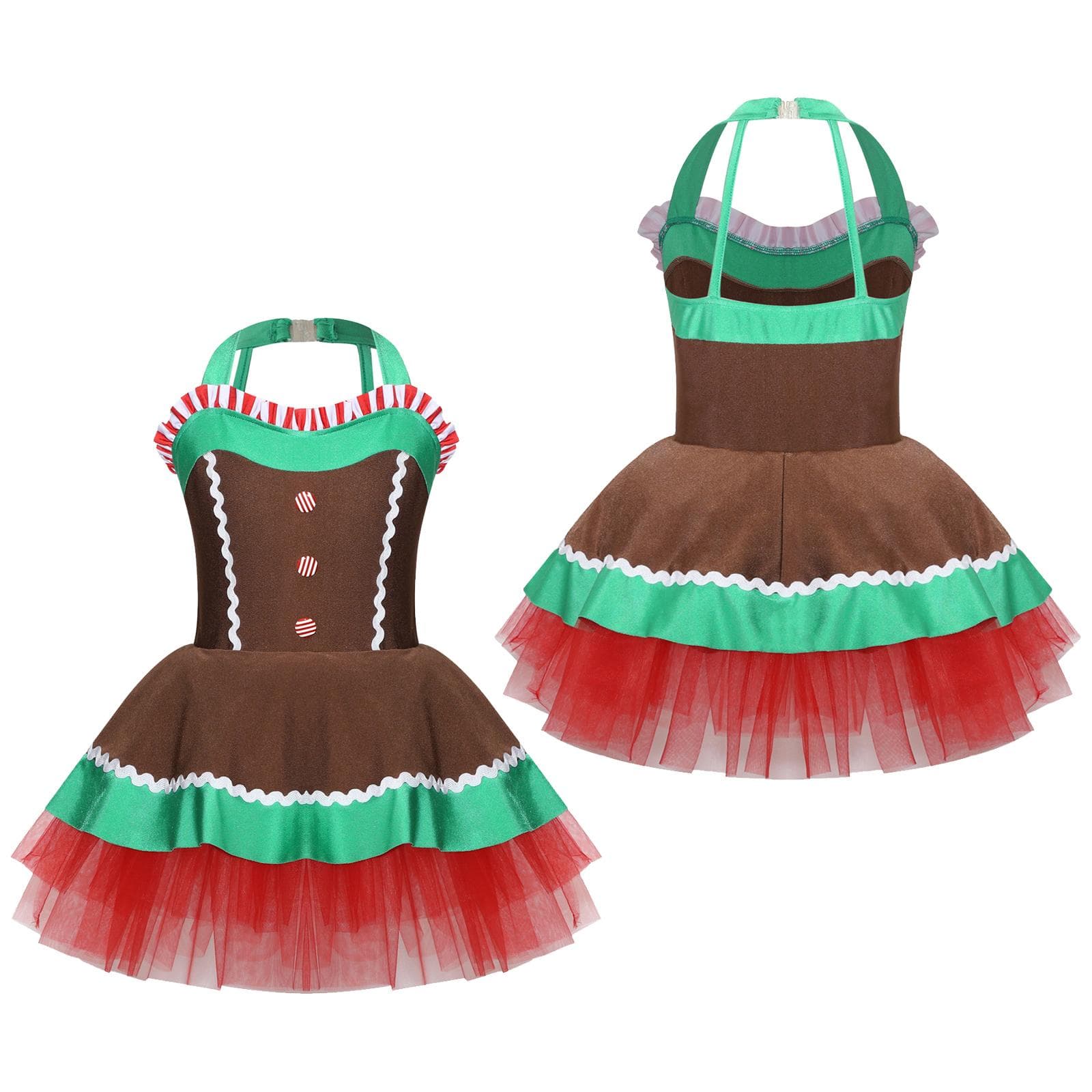 Kids Girls Gingerbread Man Costume Christmas Dance Sleeveless Tutu Dress Sleeveless Dress 13-14 Years brown