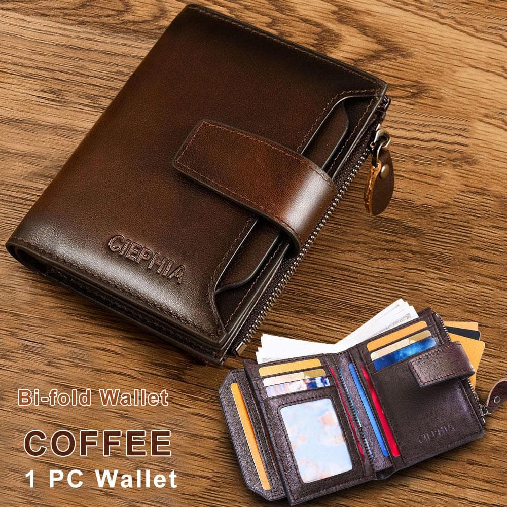 Men's Genuine Leather Wallet Vintage Short Multi Function Card Slots RFID Blocking Protection Zipper Coin Pocket Money Bags S coffee