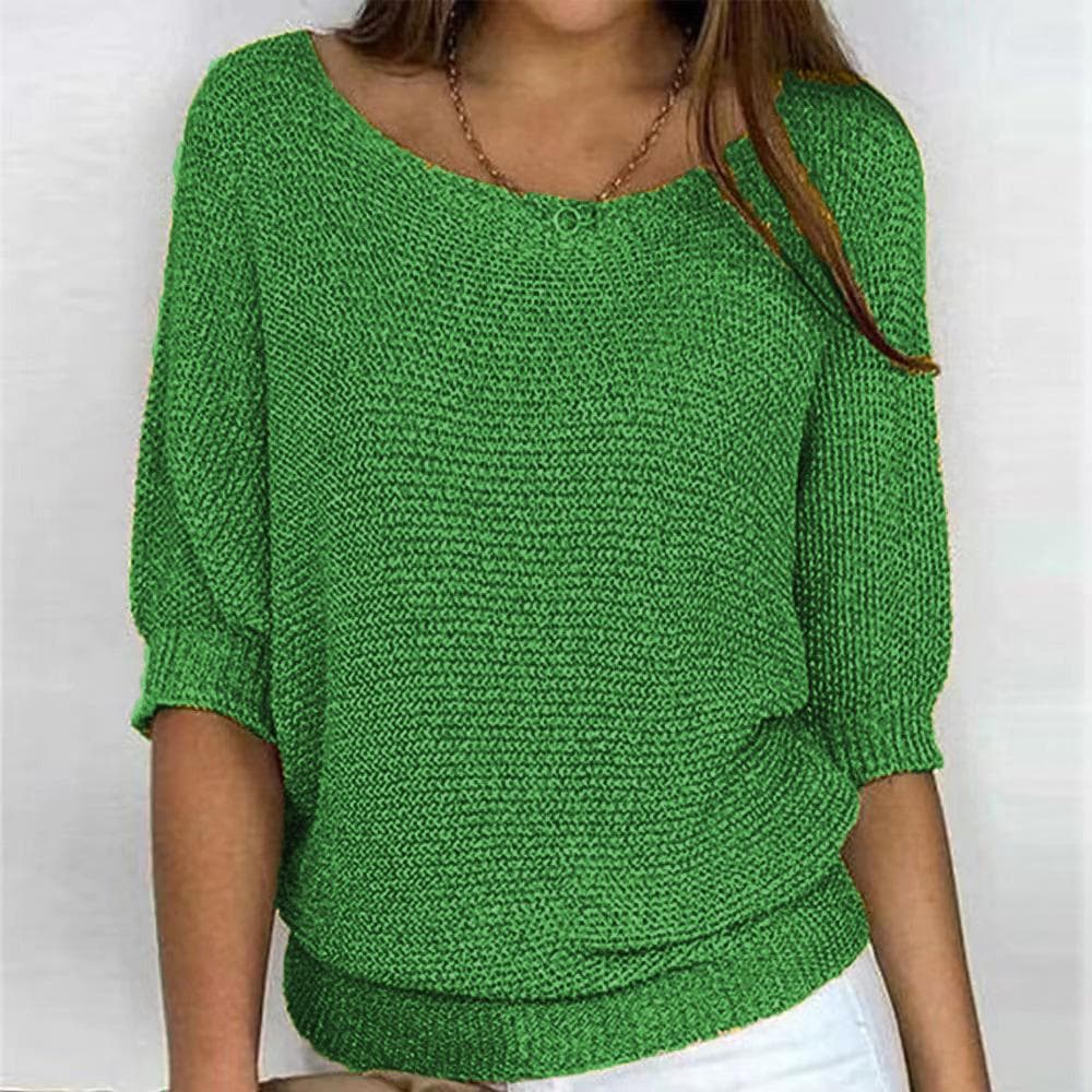 Spring and Autumn Women's Knitwear Solid Color Round Neck Knit Sweater Commuter Elegant Seven Sleeve Top 3XL green