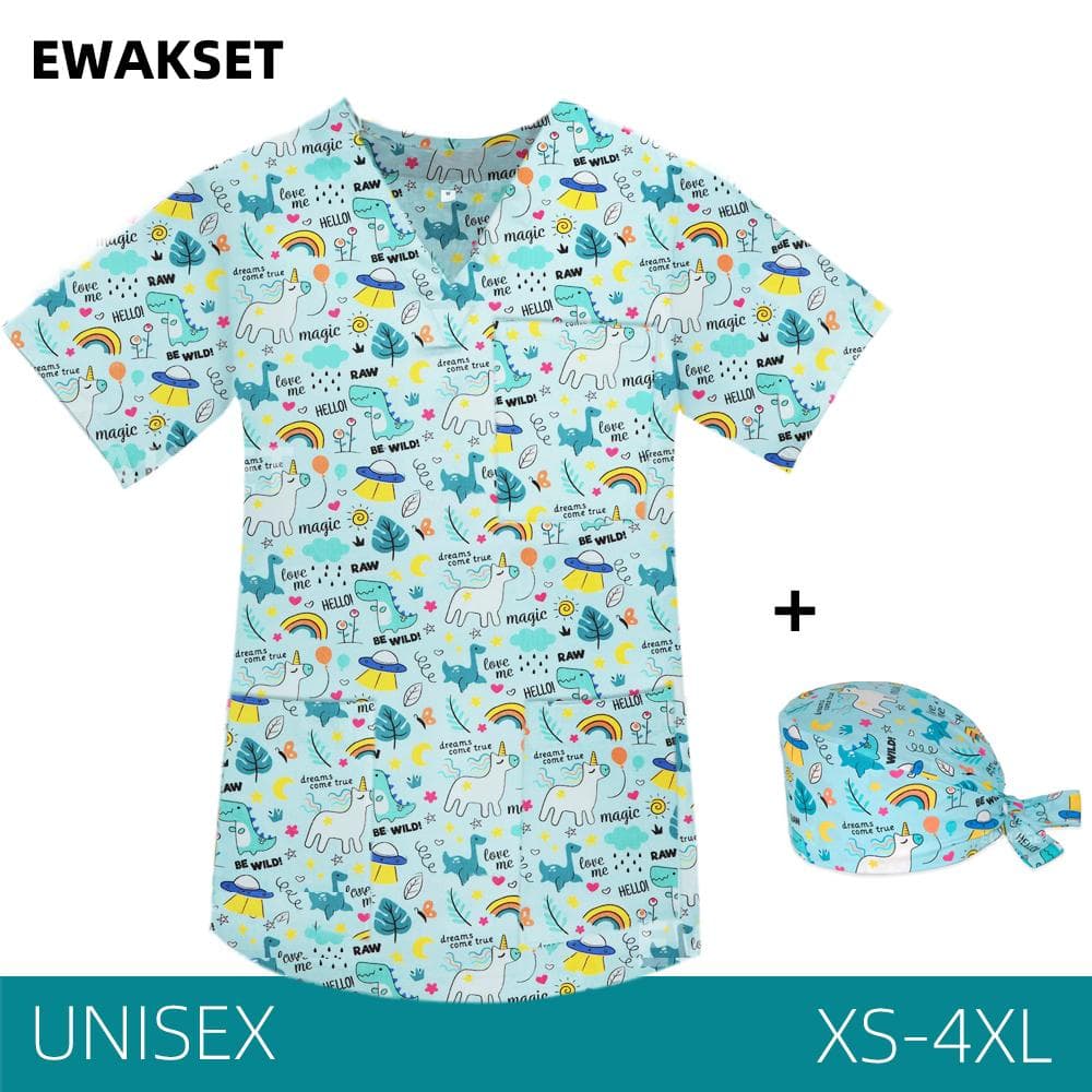 Medical Scrub Tops Women Men 100%Cotton Nurse Doctor Working Uniforms Cartoon Printed XL