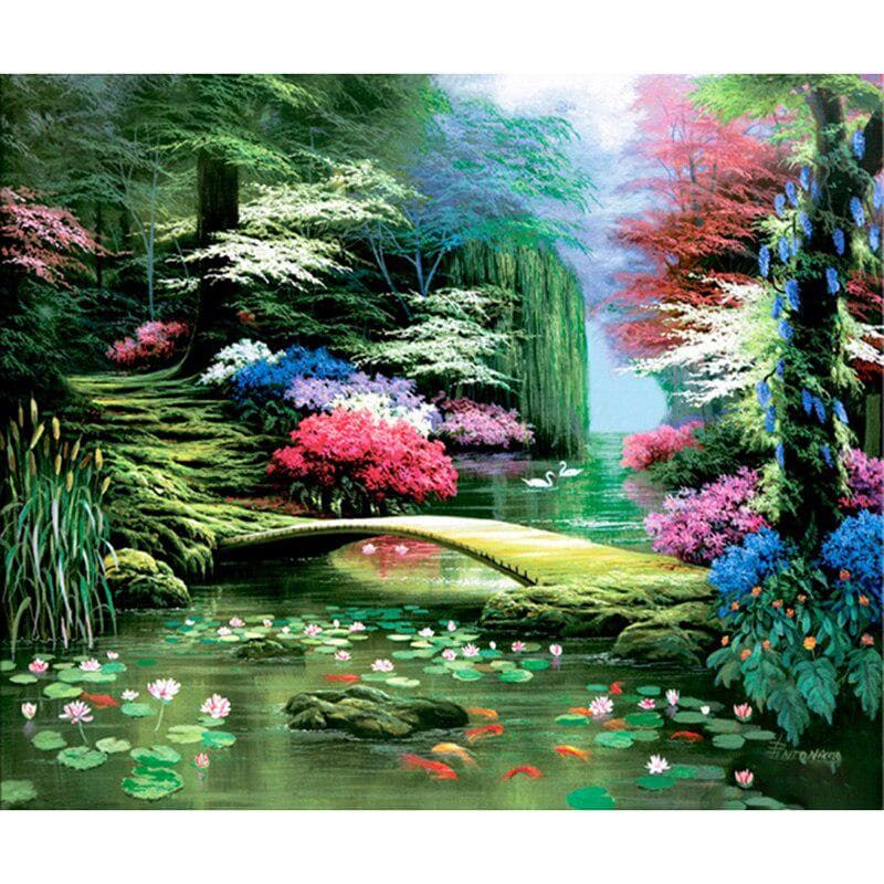 5D Diy Diamond Painting Cartoon Landscape Lake&bridge Cross Stitch Diamond Mosaic Diamond Embroidery 20X30CM