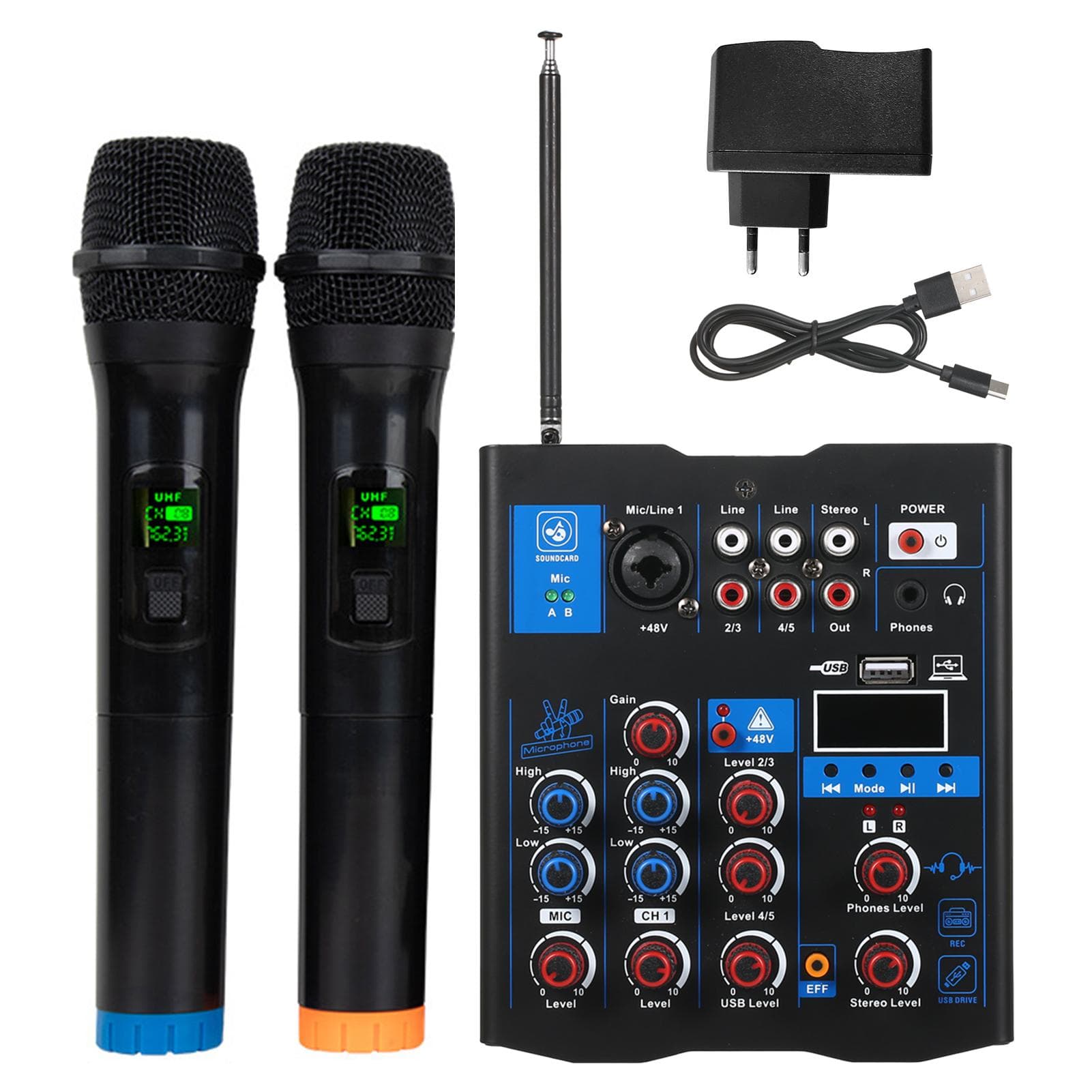 Professional Audio Mixer With Dual Wireless Microphone, Sound Board Console System Interface 4 EU Plug black
