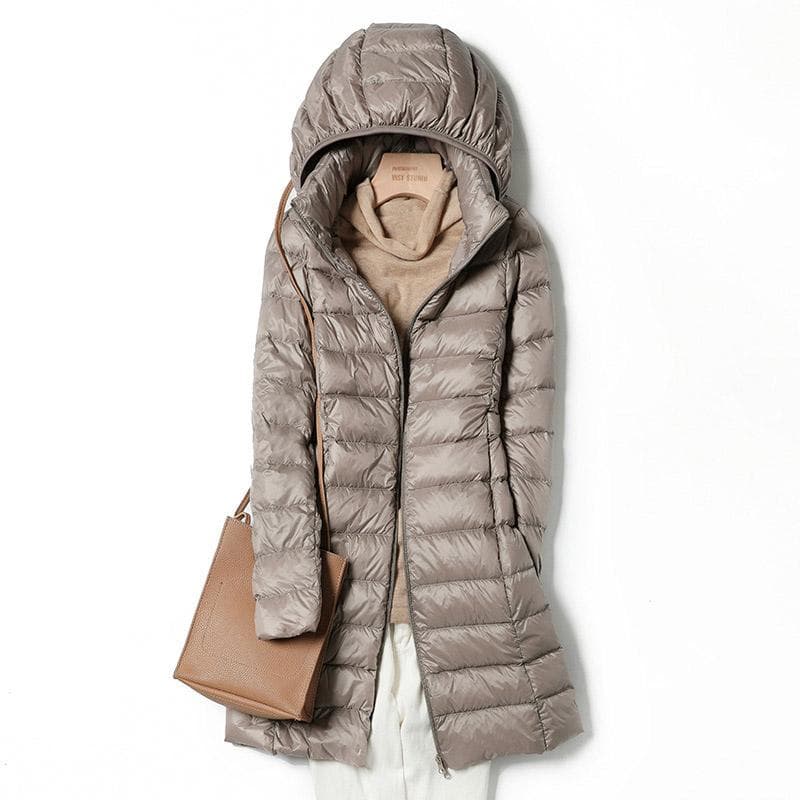 Women Fall Winter Stand Collar Hooded Solid Color Zipper Long White Duck Down Jacket S-7XL XXL khaki