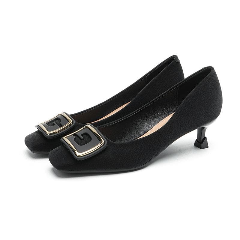Square Toe Mid Heel Shoes Women's Spring New G Buckle High Heels Women's Stiletto Heel Work Shoes 40 black