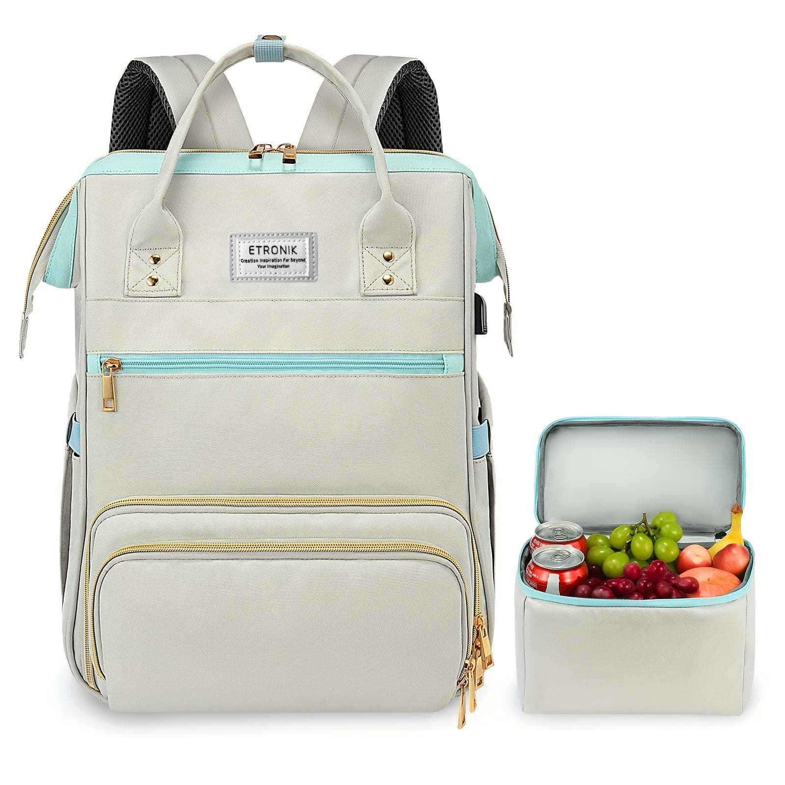 Casual Nylon Lunch Backpack for Women, with USB Port, Machine Washable Nurse Teacher Work Bag, Adjustable Shoulder Straps, Zipper Closure