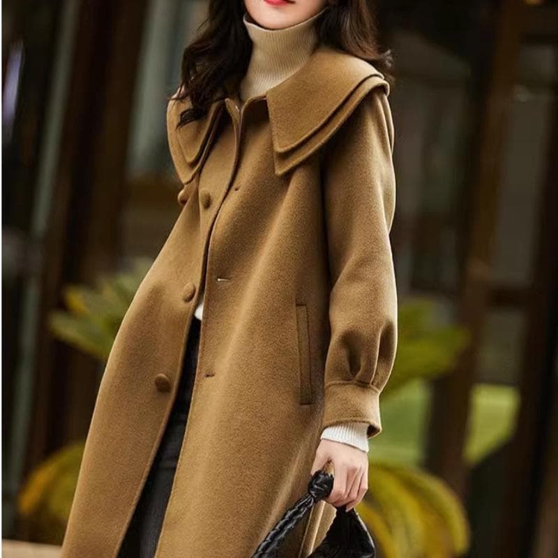 Woolen Coat Women's New Korean Version Coat, Thin, Meat-covering and Age-reducing Doll Collar, Double Collar Medium and Long Coat L khaki