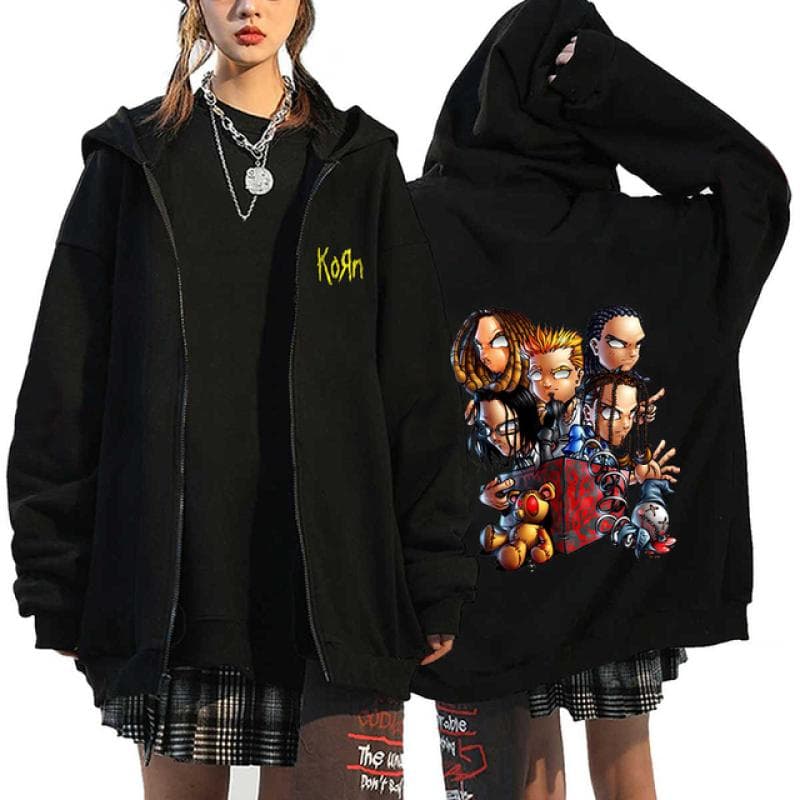 Korn Rock Band Print Zipper Hoodies Metal Music Men's Zip Up Jackets Hip Hop Streetwear Sweatshirts Unisex Y2K Cardigan Coats 3XL