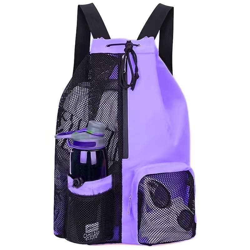 Travel Swimming Bag Mesh Drawstring Backpack with Wet Pocket Multipurpose Beach Backpack for Swimming Gym Workout Gear One Size purple