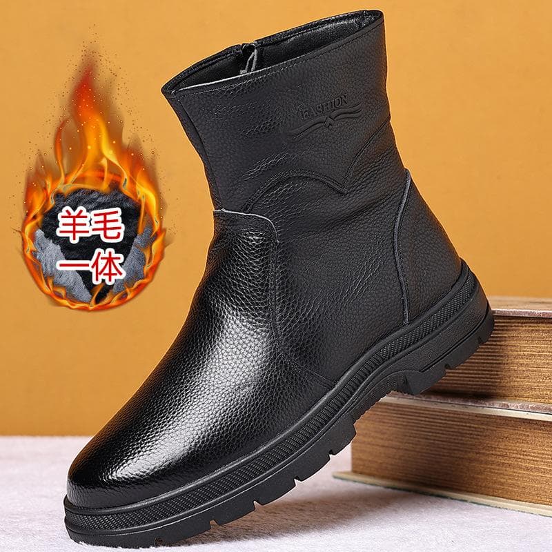 Cotton Shoes Men's Head Layer Cowhide Anti-ski Boots Fur One Wool Cotton Leather Boots High Top Middle-aged and Elderly Dad Shoes 44 black