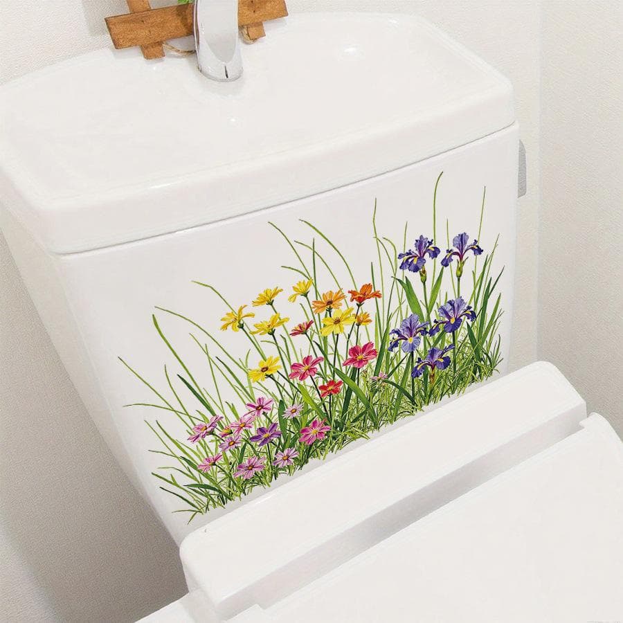 Colorful Floral Grass Stickers Waterproof Self-Adhesive Peel & Stick Bathroom Decals, Removable Wallpaper for Toilet, Durable Decorative Stickers