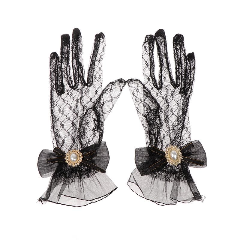 Lolita Mesh Bow Flower Lace Gloves Black White Lace Gloves lolita Lace Sleeves Cosplay Jewelry