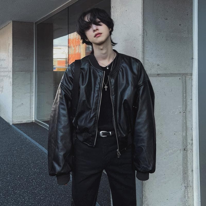 Short Leather Jacket for Men, Autumn and Winter Loose Coat, Korean Style Trendy Motorcycle Leather Jacket 2XL black