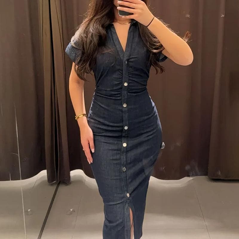 New Short-sleeved Lapel Denim Midi Dress for Women's Clothing L