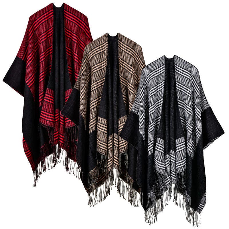 Vintage Women Knitted Shawl Poncho Faux Cashmere Plaid Check Tassel Oversized Warm Long Winter Cape black