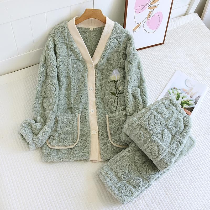Embroider Flower Pajamas V-Neck Sleep Set Wome Winter Thick Flannel Home Clothes with Pocket Warm Coral Fleece Nightwear XL