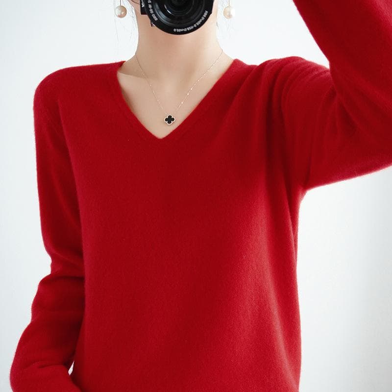 Women's Cozy Knitted Pullover Cashmere Sweater V Neck Fuzzy Slim Fit Sweater XXL red