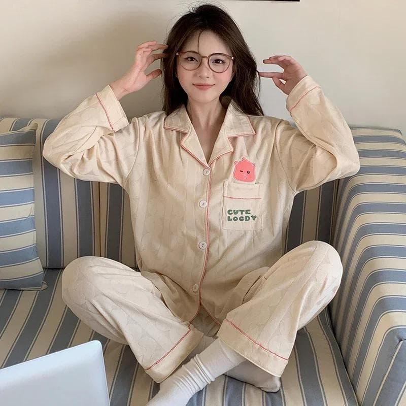 Pajamas Autumn Loose Cardigan Casual Lapel Long Sleeve Homewear Set Silk Women's Pajamas 2XL yellow