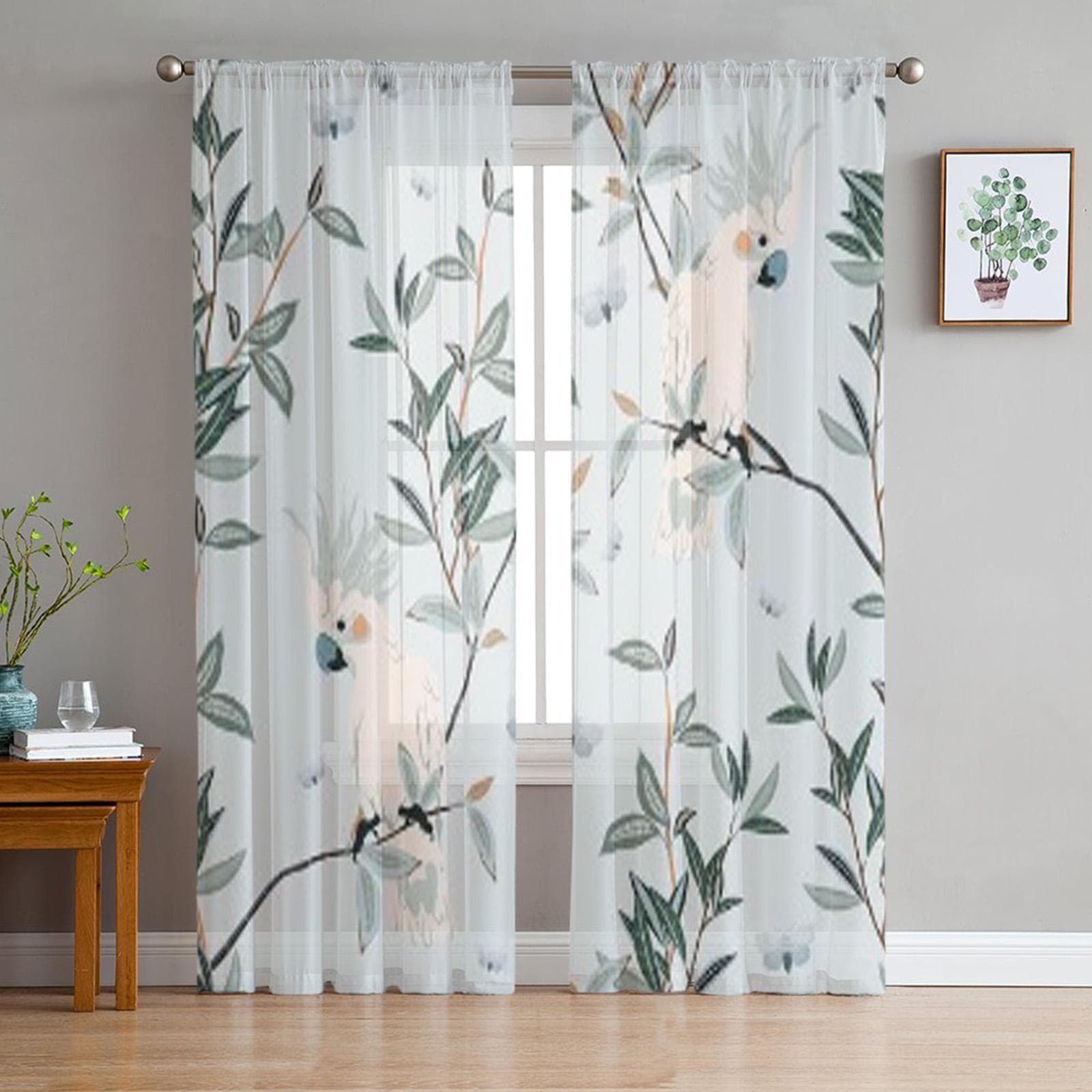 White Parrots Green Branches Sheer Curtain For Living Room Bedroom Voile Curtains For Window Organza Curtains Party Tulle Drapes 135W x 114H(cm)