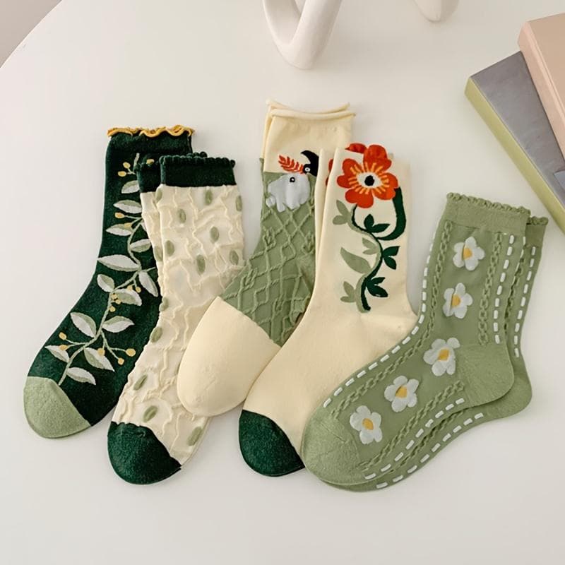 5pcs Women's Mid-Calf Socks, Vintage Floral Print, Breathable Casual Style, Polyester and Spandex Blend, Everyday Fashion Accessory One-size