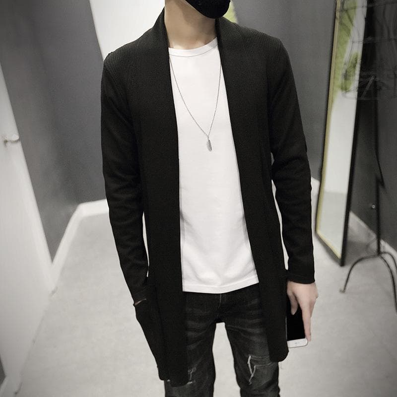 Men Cardigan Jacket Long Knitted Coat Cardigan Coats Solid Color Sweater Coats Knitted Jacket XS black