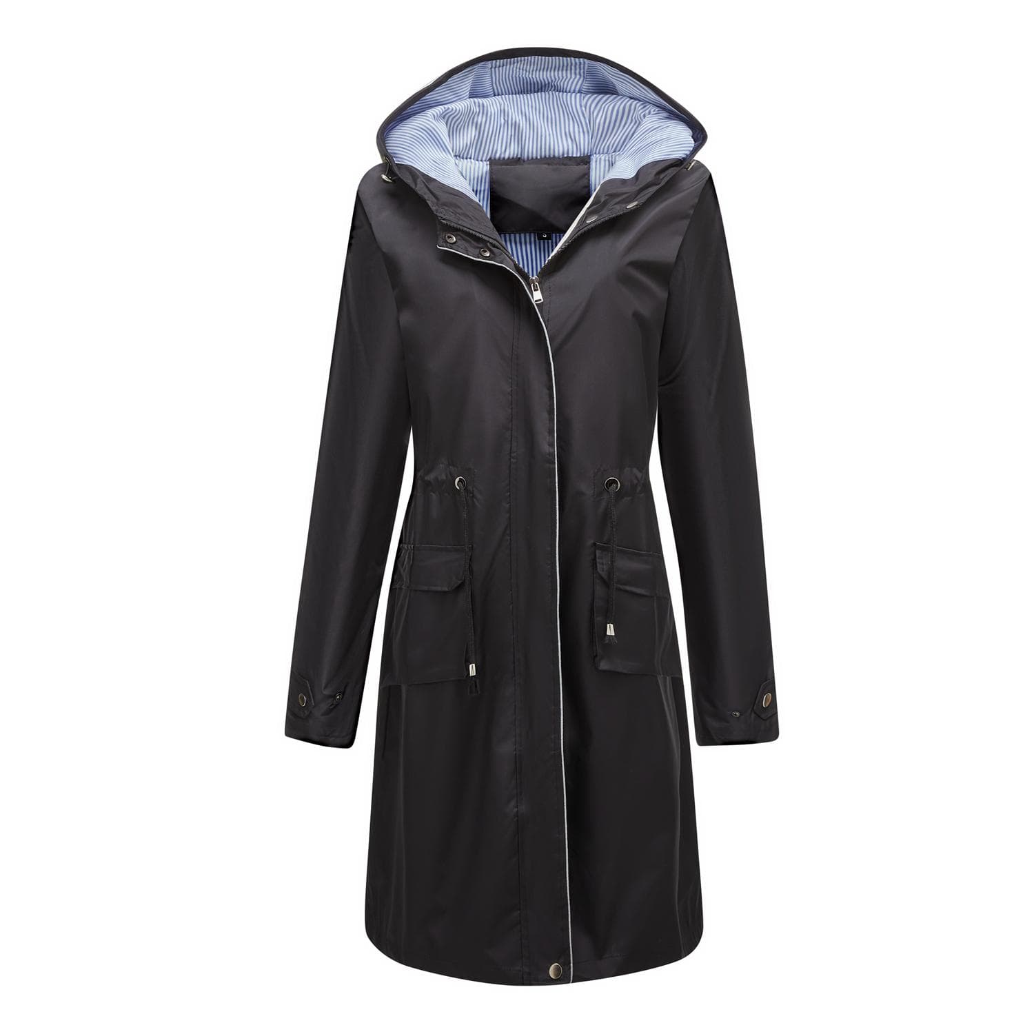 Women's Windcheaters Hooded Long Loose Coat with Side Pocket Outdoor Light Rain Windbreaker Hiking Jacket 2XL black