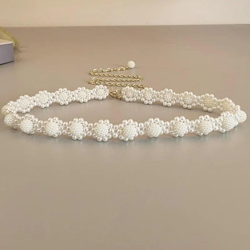 White Pearl Braided Waistband Female Dress Shirt Decoration Waist Chain Gothic Elegant Pearl Pendant Belt for Women 115cm white