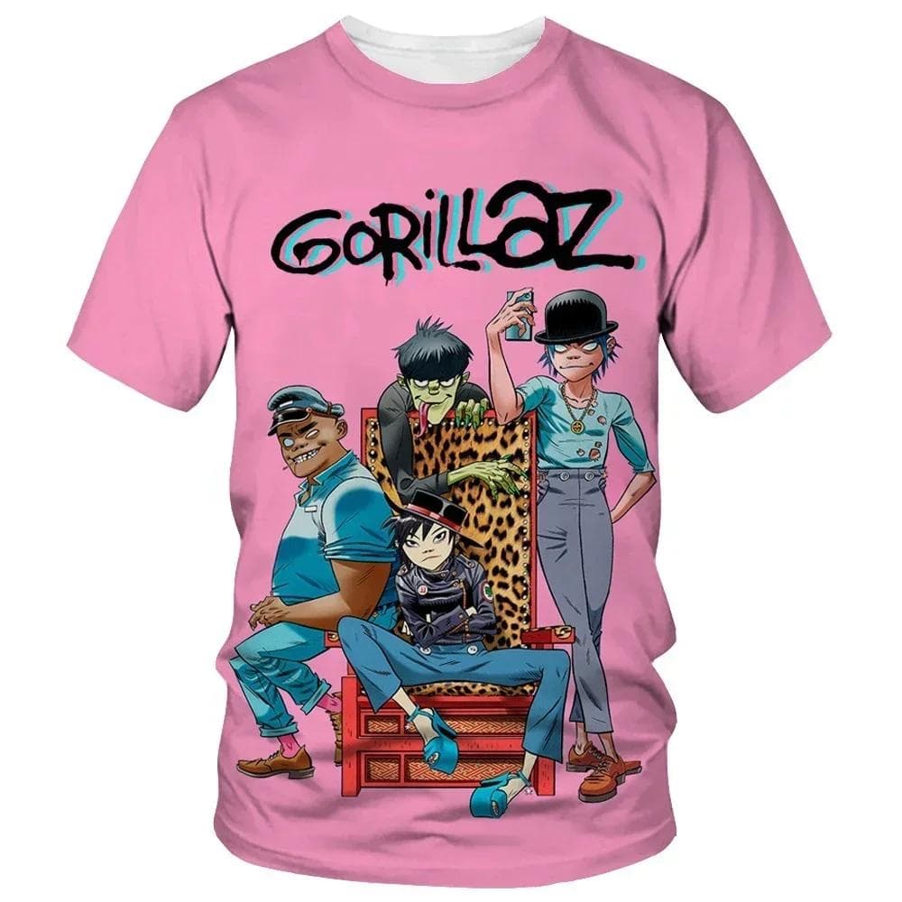 From cartoon to fashionable Gorillaz 3D printed new T-shirt, Harajuku style casual short sleeved hip-hop T-shirt for men and women, street T-shirt L pink