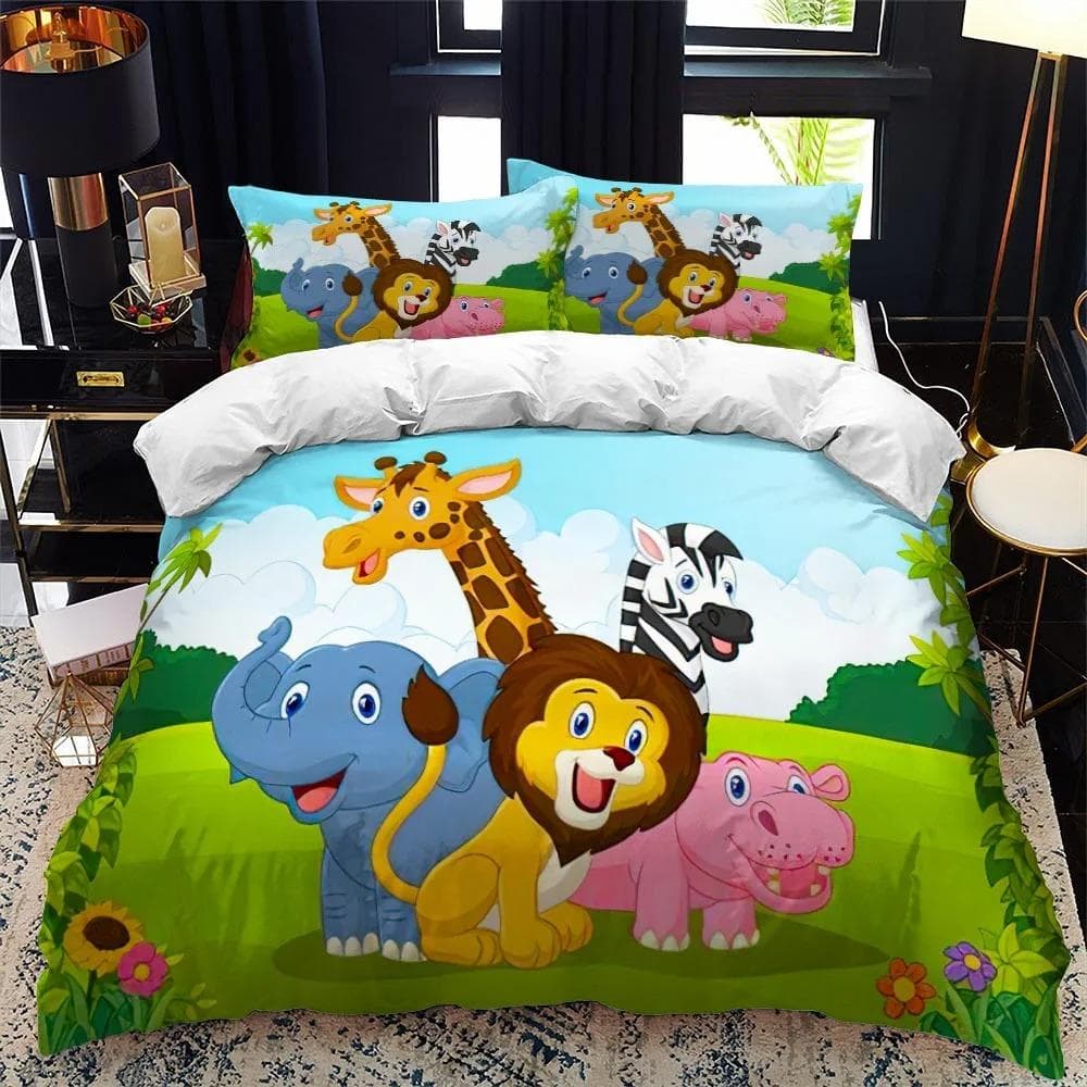 Cartoon Zoo Animal Bedding Set Boys Girls Twin Queen Size Duvet Cover Pillowcase Bed Kids Adult Fashion Home Textileextile AU King 240x210cm