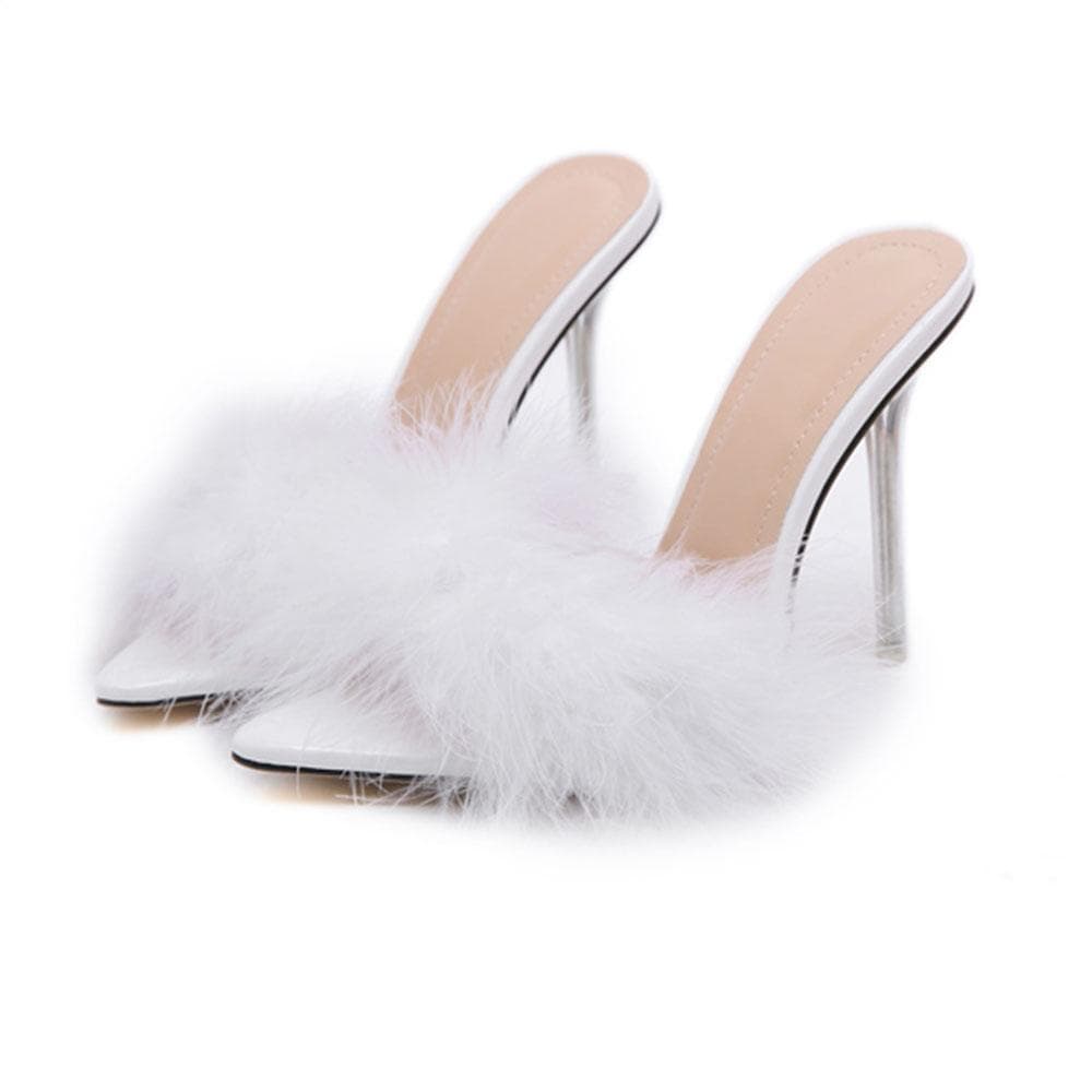 Summer Feather Pointed Toe High Heels Mules Sandals Metal Thin Heels Sexy Party Pole Dance Women's Shoes 41