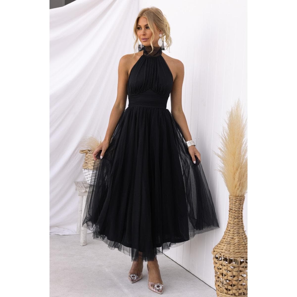 Women Evening Dress Sleeveless Layered Collar Open Back Halter Neck Lace Up High Off Shoulder Mesh Hem XL black