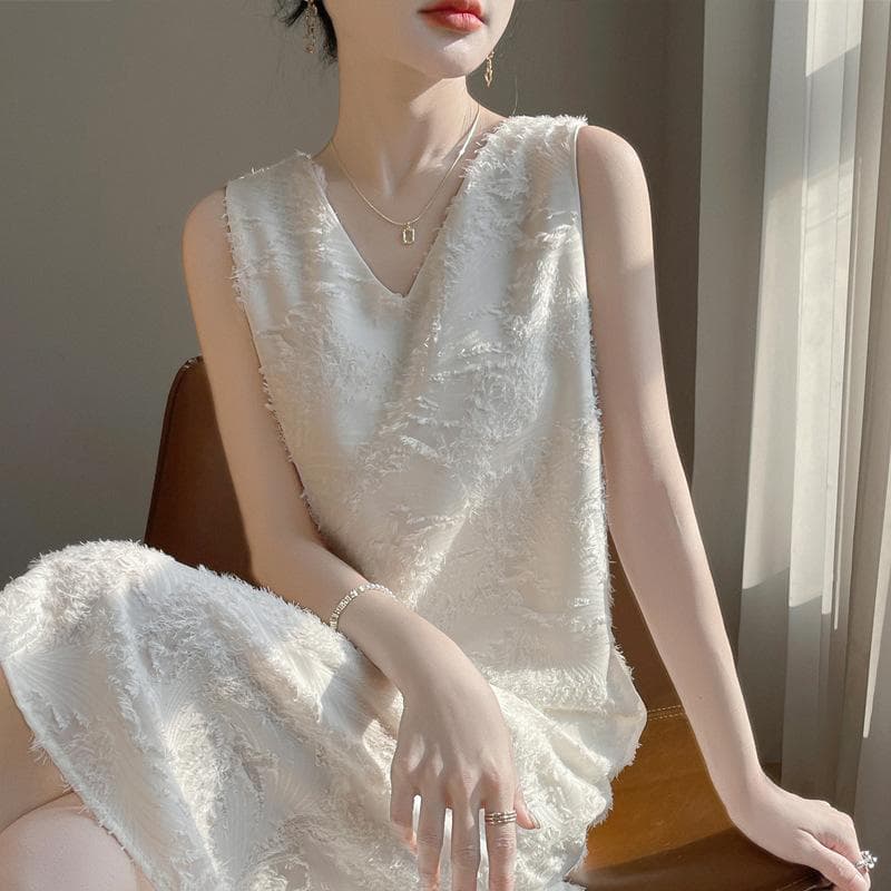 French Feather Texture Three-dimensional Suspender Dress Summer Fashion Commuter Sleeveless V-neck Vest Skirt XXL