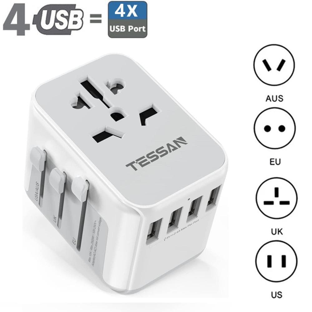 TESSAN Universal Travel Plug Adapter, International Plug Adapter with 4 USB, Universal Charger for EU, UK, American, Canada and Other countries 4 USB Ports gray
