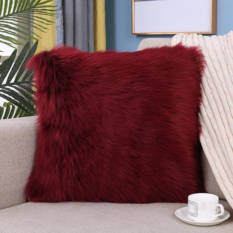 Fluffy Pillow Long Plush Pillowcase Wool Cushions Fur Cushion Cover Ins Sofa Bed Pillows Christmas Decorations Room Throw Pillow 45*45cm burgundy