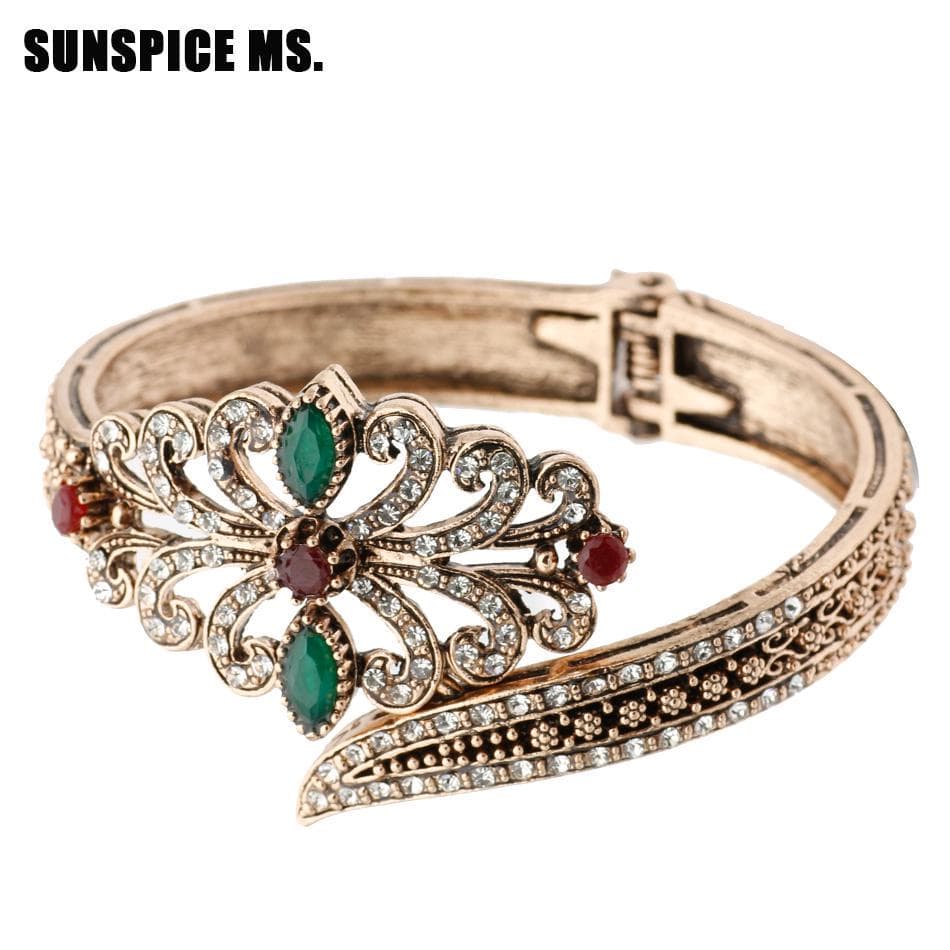 Retro Vintage Turkish Women Flower Bangle Antique Gold Color Spring Cuff Bracelets Indian Gray Stone Wedding Jewelry 5.0 red
