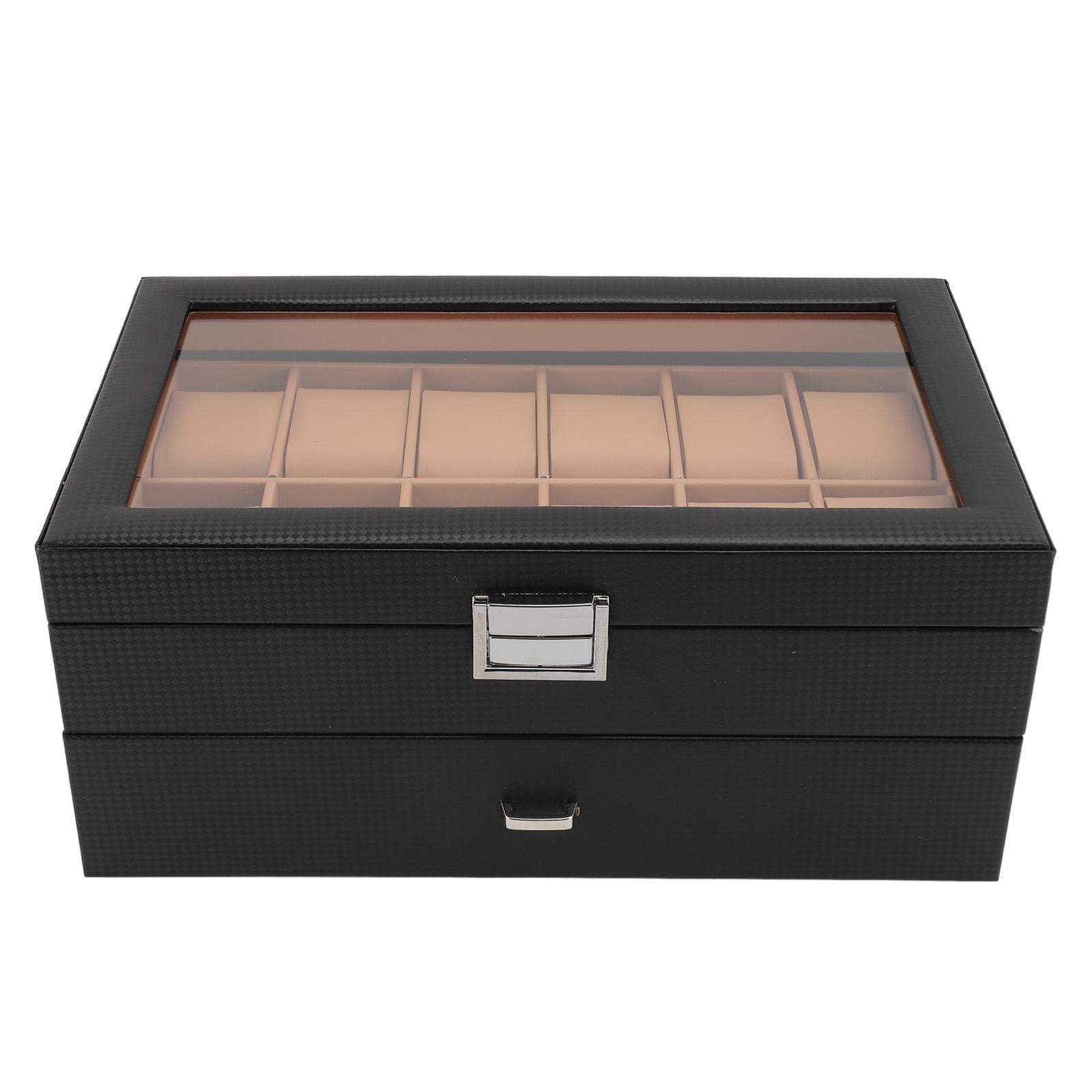 24 Slots Watch Display Box Carbon Fiber Watch Case with Drawer Design Waterproof PU Leather