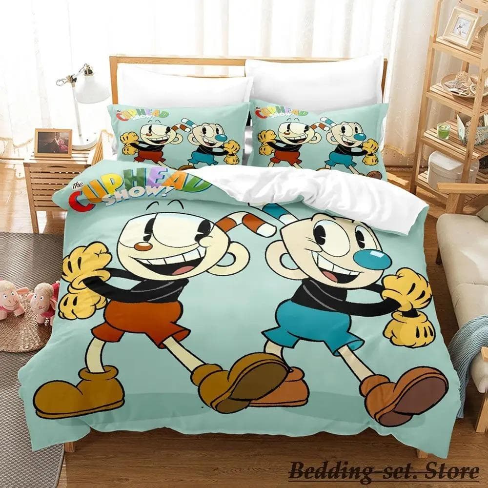 Game Cuphead Mugman Bedding Set Cartoon Anime three-piece set Adult Kid Bedroom Duvetcover Sets 3D Kawaii cama de casal EU Double 200x200cm